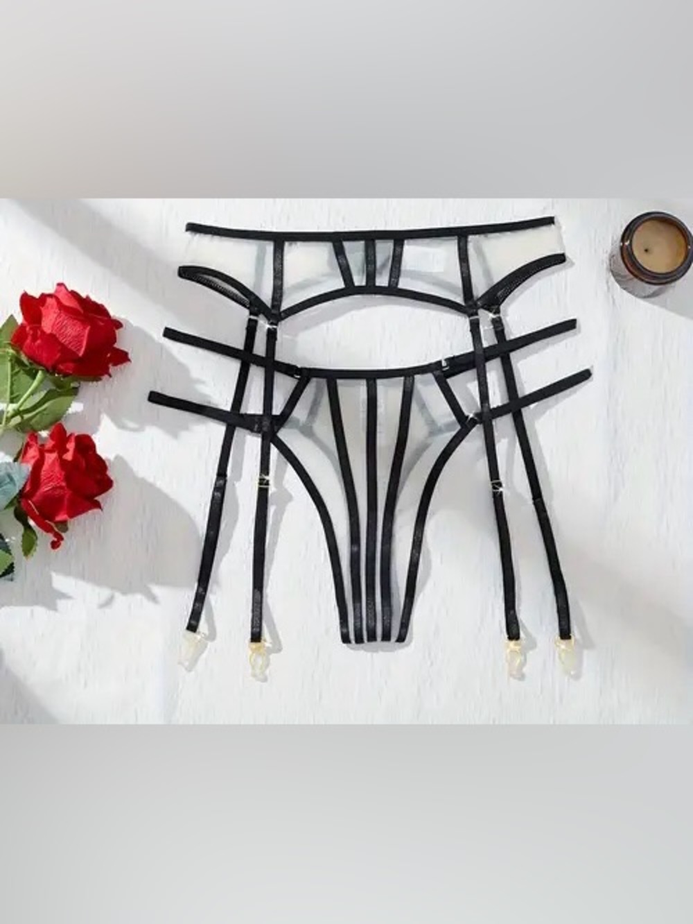 Strappy Sheer Mesh Garter Belt and Thong Set M